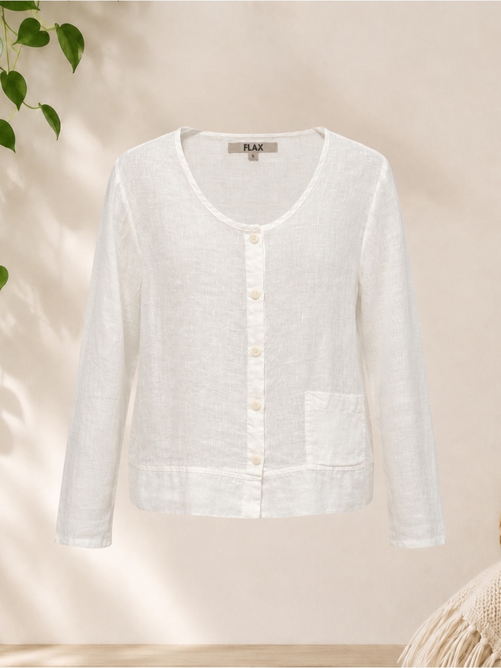 Flax 100% Linen White Button-Front Scoop Neck Shirt